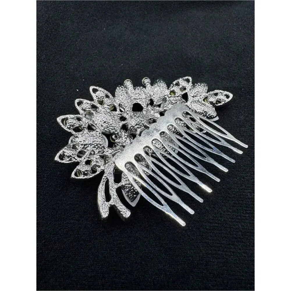 Crystal Rhinestone Bridal Prom Floral Silver Tone Elegant Hair Comb